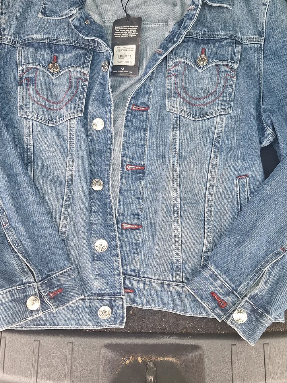 True Religion Medium Blue Denim Trucker Jacket with Red Stitch Accents